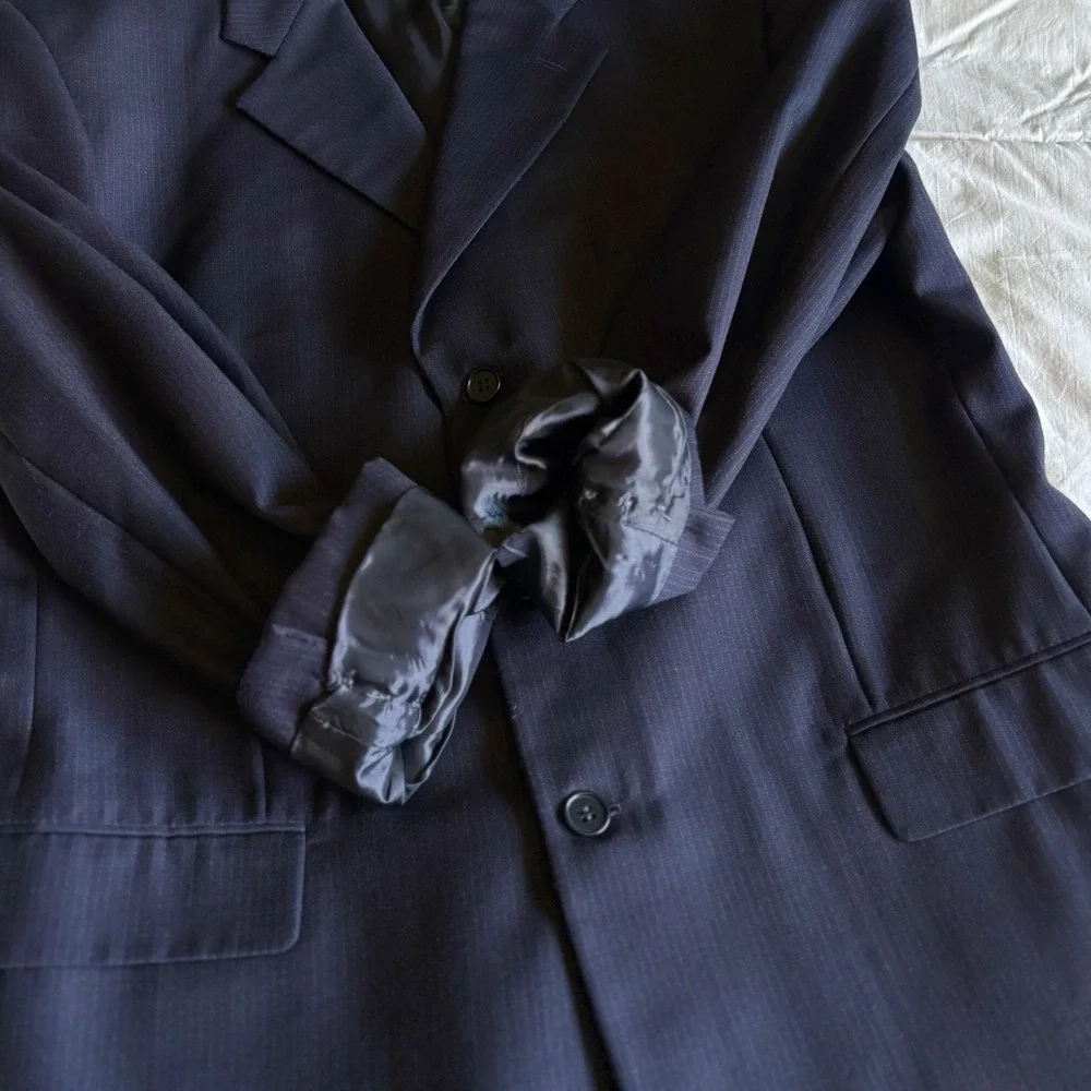 Vtg Pavone Italy Super 100 Suit Men's 44L 33x31 Pleated Navy Blue Pinstripe Boss